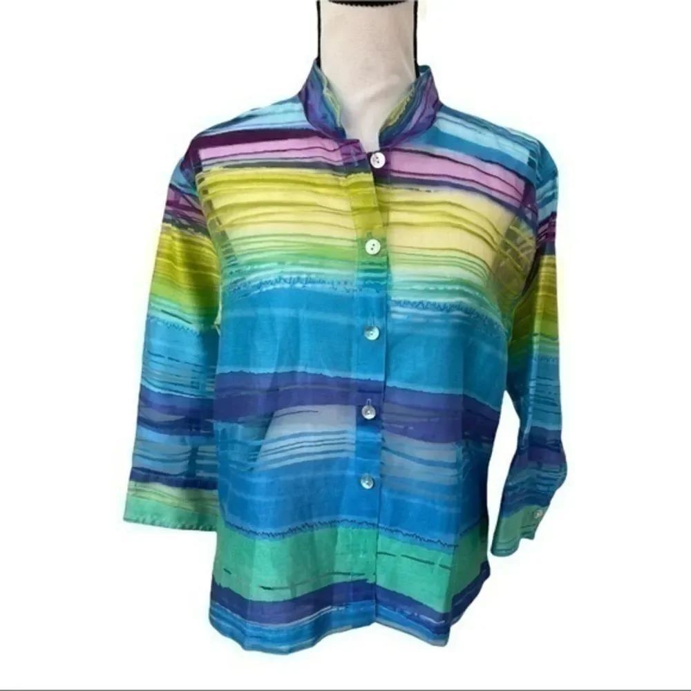 Mirasol Colorful Art to Wear Sheer 3/4 Sleeve Blouse Top size M
